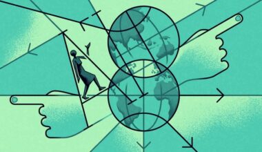 Matt Kenyon illustration of a figure walking towards two globes overlapping, two hands coming out from opposite directions from the globes, pointing in opposite directions.