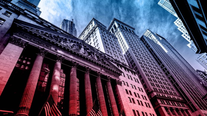 A montage of the exterior of the New York Stock Exchange on Wall Street