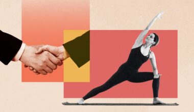 Montage of a woman doing yoga and a handshake between two business people on an orange and red background