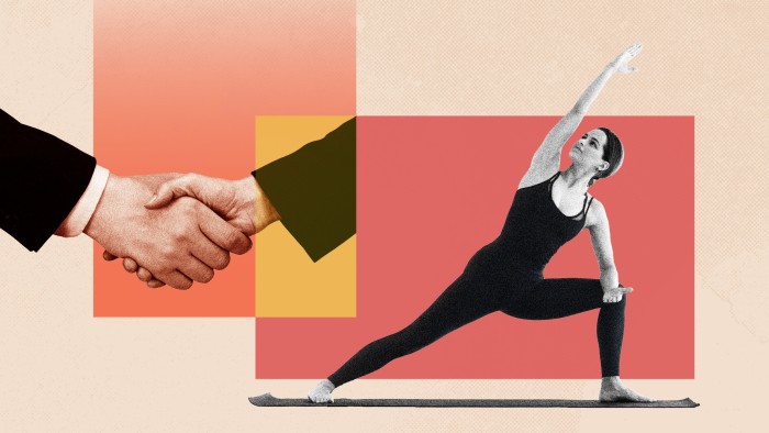 Montage of a woman doing yoga and a handshake between two business people on an orange and red background
