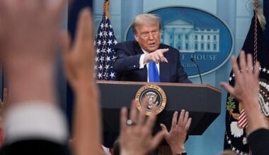 Donald Trump talks to media last month