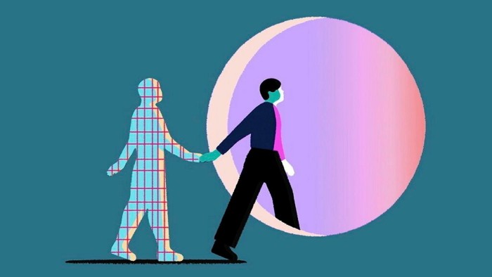 María Hergueta illustration of a human leading a robot figure by the hand through a hole and into a brightly coloured space