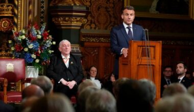 French President Emmanuel Macron addresses parliament in the Palace of Westminster, London, on Tuesday, July 8, 2025