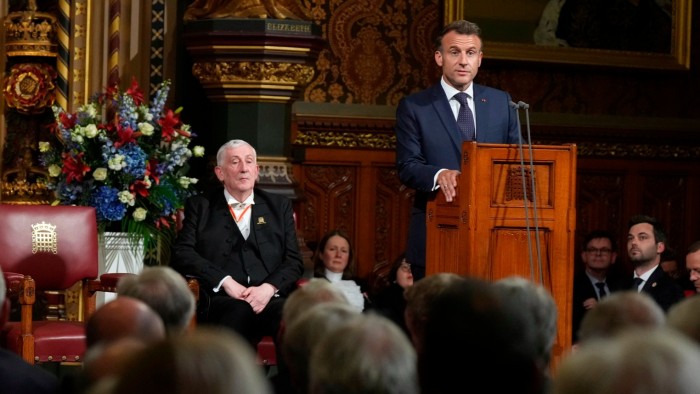 French President Emmanuel Macron addresses parliament in the Palace of Westminster, London, on Tuesday, July 8, 2025