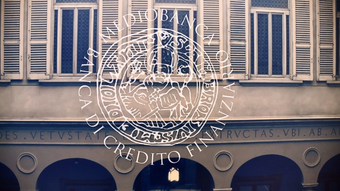 A logo of Mediobanca is pictured at Mediobanca headquarters in Milan