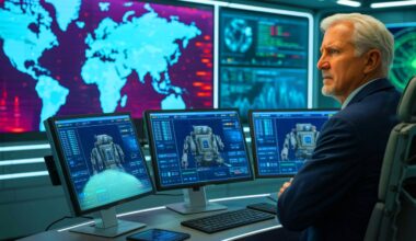 Illustration of the potential dangers of militarized artificial intelligence as envisioned by James Cameron, created by artificial intelligence.