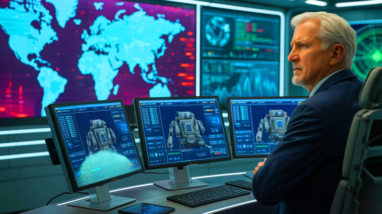 Illustration of the potential dangers of militarized artificial intelligence as envisioned by James Cameron, created by artificial intelligence.