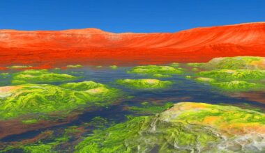 Illustration of an envisioned Mars transformed into a habitable planet, generated by artificial intelligence.