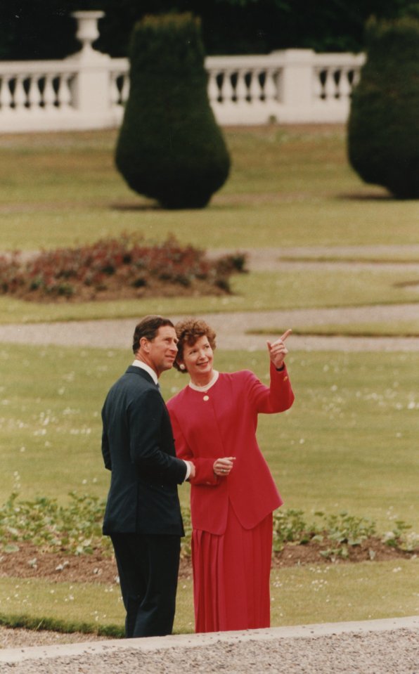 President Mary Robinson and Prince Charles in the gardens of Aras an Uachtarain.