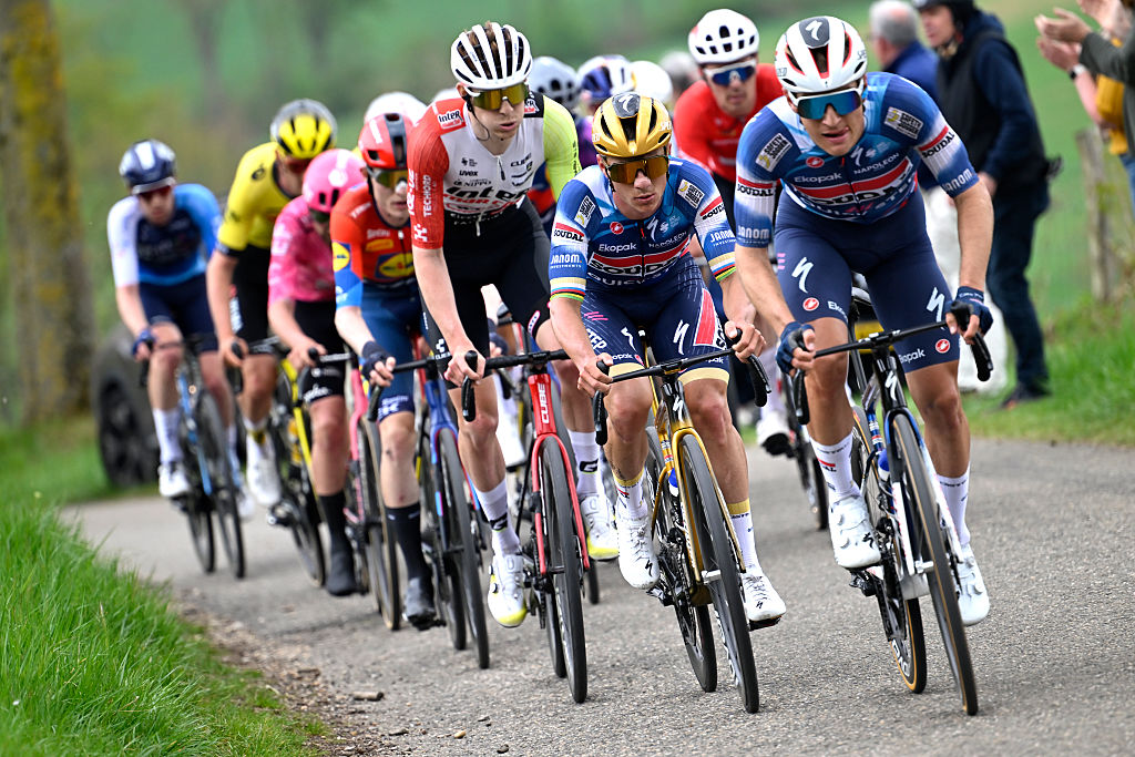BERG EN TERBLIJT, NETHERLANDS - APRIL 20: Remco Evenepoel of Belgium and Ilan Van Wilder of Belgium and Team Soudal Quick-Step lead in the chase group during the 59th Amstel Gold Race 2025 a 255.9km one day race from Maastricht to Berg en Terblijt / #UCIWT / on April 20, 2025 in Berg en Terblijt, Netherlands. (Photo by Nico Vereecken - Pool/Getty Images)