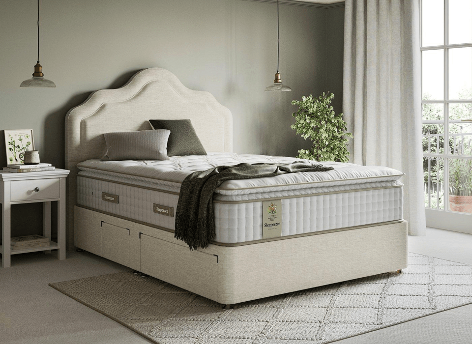 Sleepeezee divan bed with mattress and headboard.
