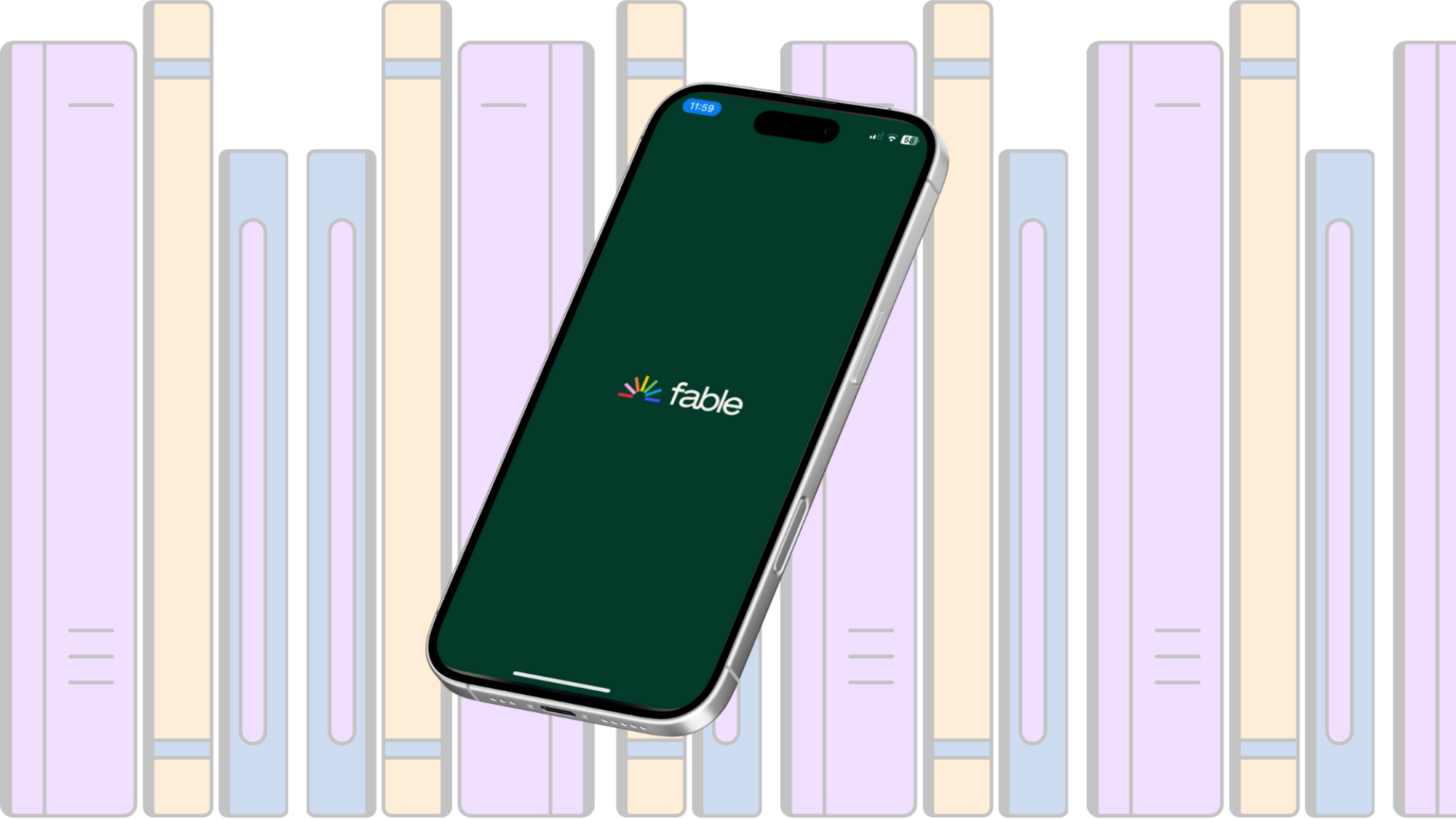 A bookshelf behind a smartphone showing the Fable logo.