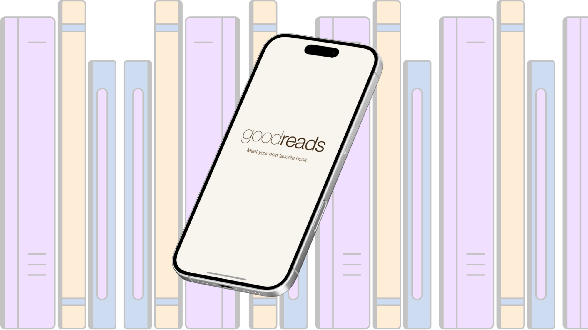 A bookshelf behind a smartphone showing the Goodreads logo.