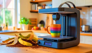 Illustration of a 3D printer transforming food scraps into household items, generated by artificial intelligence.
