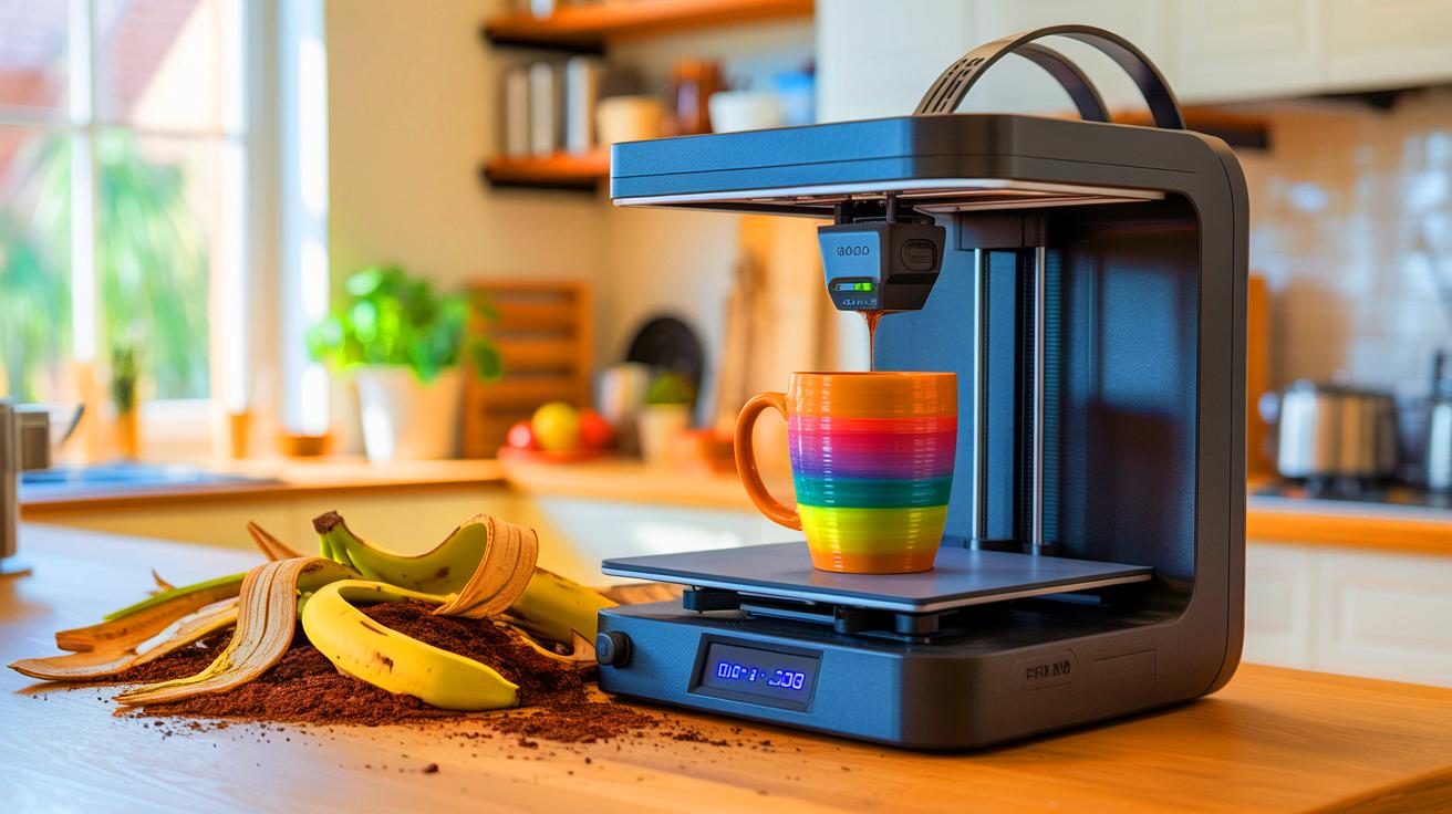 Illustration of a 3D printer transforming food scraps into household items, generated by artificial intelligence.