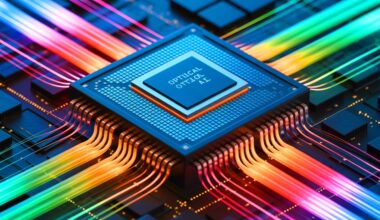 Illustration of a groundbreaking optical AI chip using light for ultra-fast data transmission, generated by artificial intelligence.