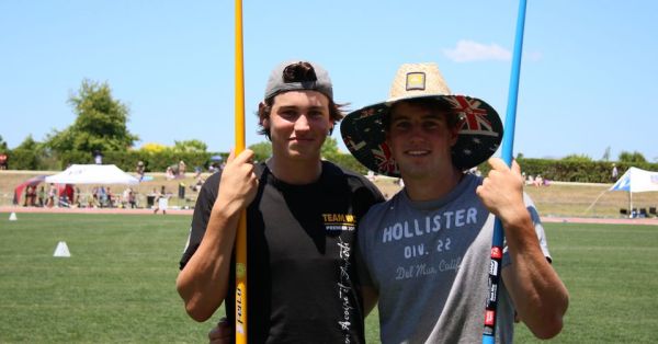 Tim Robinson (left) with his brother Cam during their javelin days. (College Sport Media)