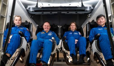 The four crew members of NASA's SpaceX Crew-11 mission to the International Space Station train inside a Dragon training crew spacecraft at SpaceX in Hawthorne, California. From left to right: Roscosmos cosmonaut Oleg Platonov, NASA astronauts Mike Fincke and Zena Cardman, and JAXA astronaut Kimiya Yui.