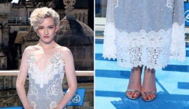Julia Garner wears Jimmy Choo heels and an Erdem dress at the "Fantastic Four: First Steps" photo call in London on Friday. celebrity shoe style, celebrities in Jimmy Choos, sandals