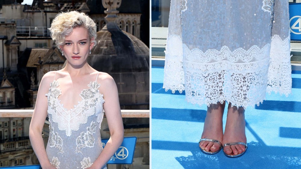 Julia Garner wears Jimmy Choo heels and an Erdem dress at the "Fantastic Four: First Steps" photo call in London on Friday. celebrity shoe style, celebrities in Jimmy Choos, sandals