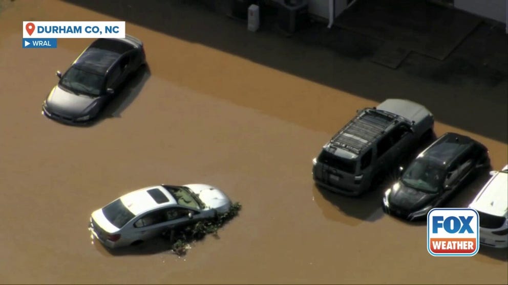 Aerial video shows flooding from the Eno River Monday morning in Durham County, North Carolina caused by Tropical Depression Chantal.