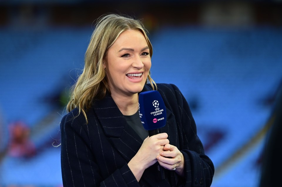 Laura Woods, TNT Sports presenter, at a UEFA Champions League game.