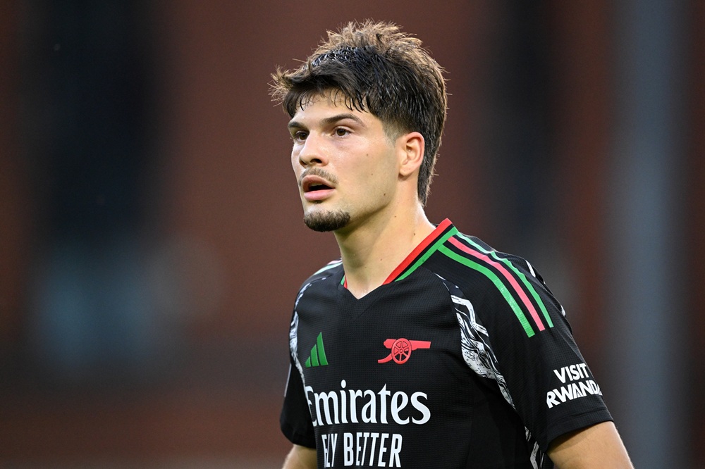 LONDON, ENGLAND: Elian Quesada-Thorn of Arsenal during the Bristol Street Motors Trophy match between Leyton Orient and Arsenal U21 at Gaughan Group Stadium on September 03, 2024. (Photo by Justin Setterfield/Getty Images)