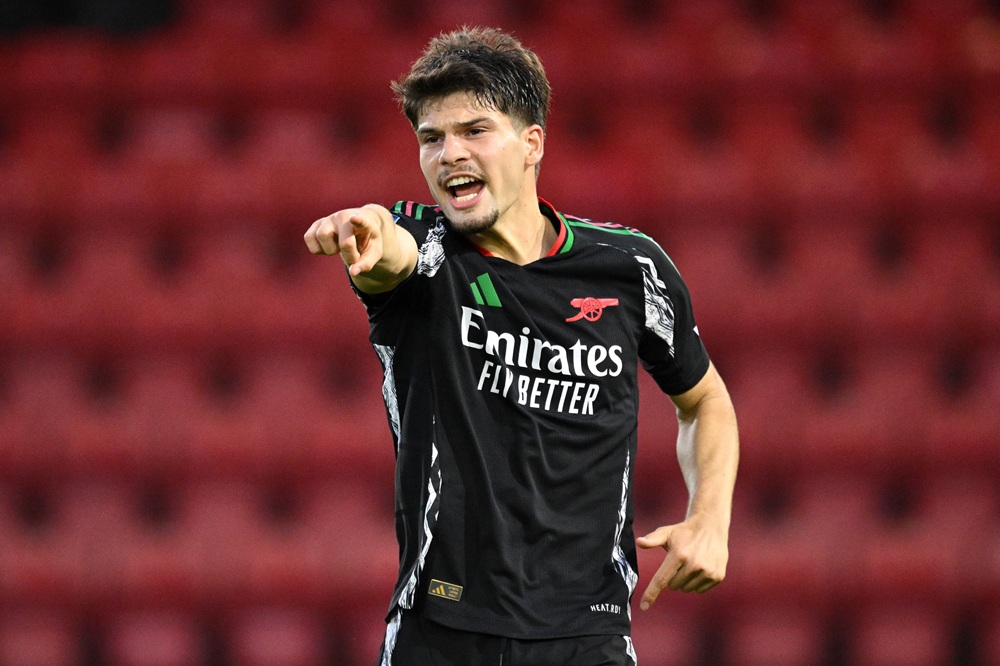 LONDON, ENGLAND: Elian Quesada-Thorn of Arsenal during the Bristol Street Motors Trophy match between Leyton Orient and Arsenal U21 at Gaughan Group Stadium on September 03, 2024. (Photo by Justin Setterfield/Getty Images)