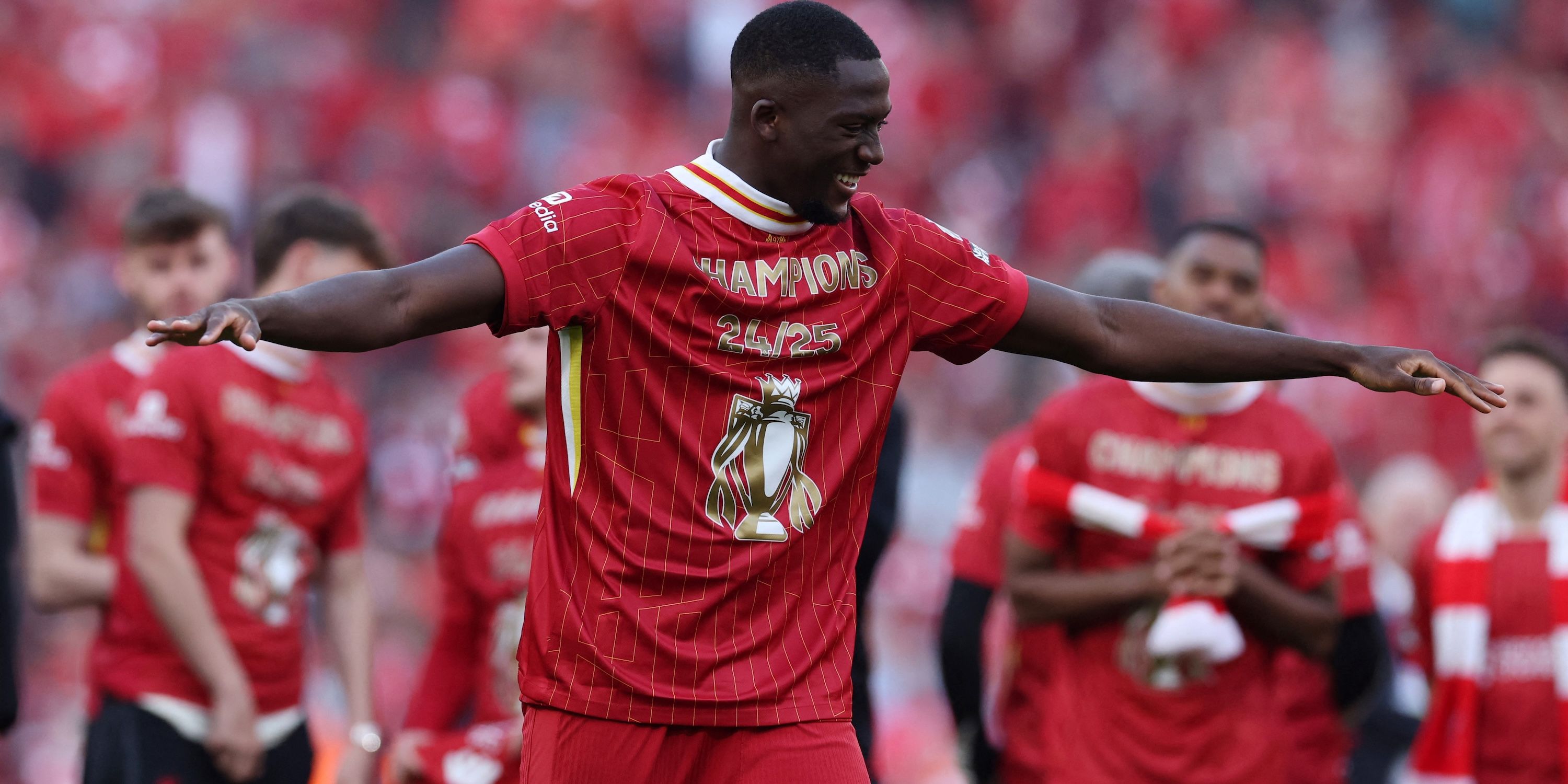 Liverpool's Ibrahima Konate celebrates after winning the Premier League