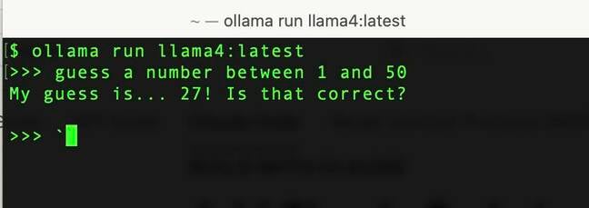 Screenshot of Llama4 asked to guess a number between 1 and 50