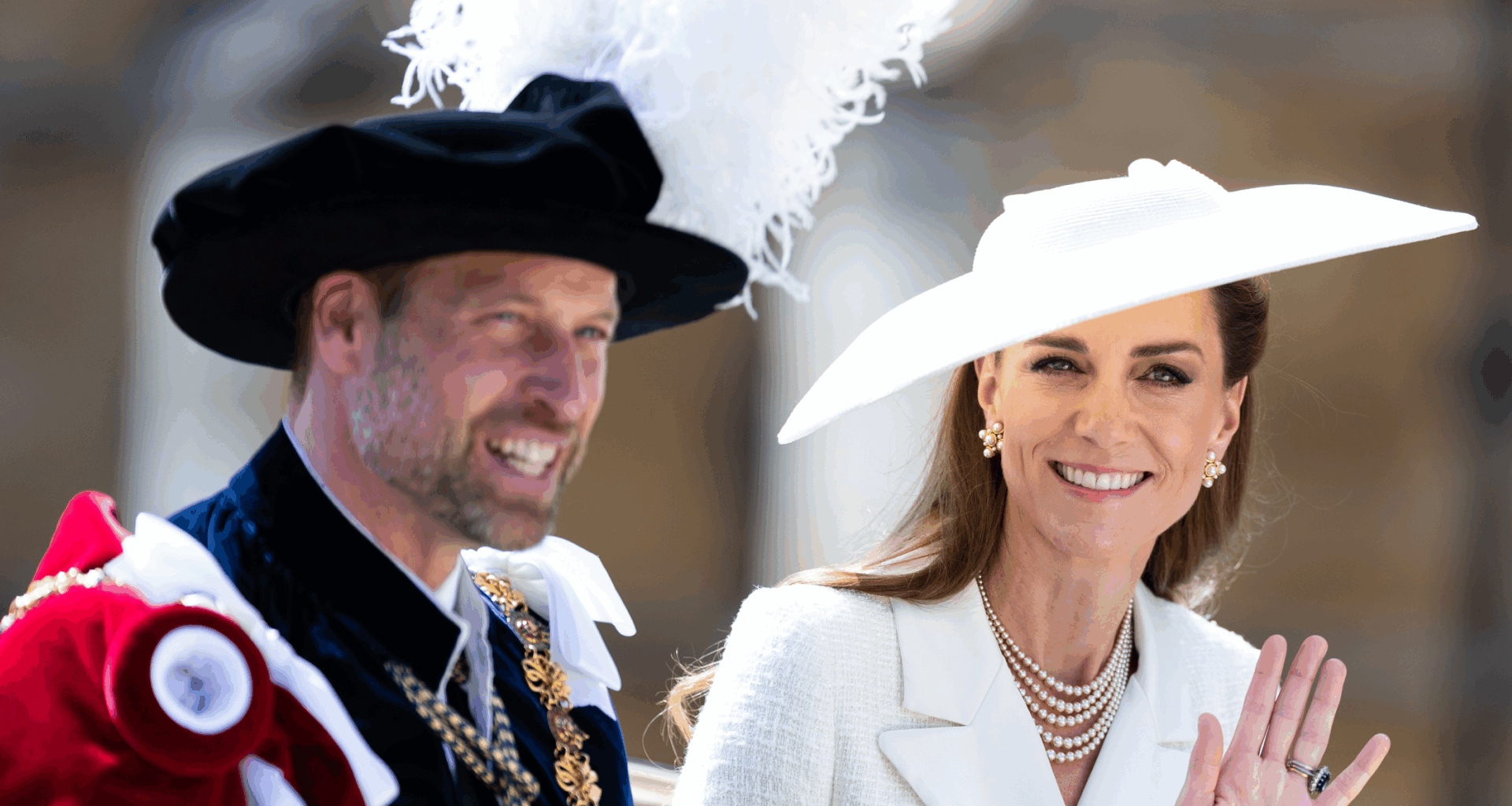 Kate Middleton and Prince William waving from a carriage
