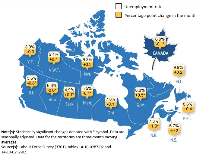 Map of Canada showing unemployment rates by province and territory. 