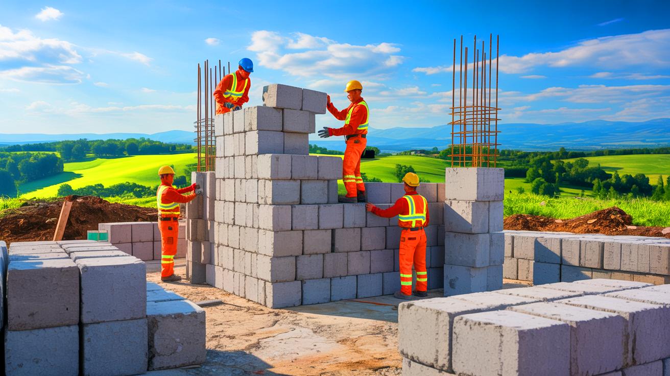 Illustration of a sustainable construction method using recycled glass in compressed earth blocks, generated by artificial intelligence.