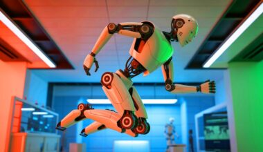 Illustration of a robot designed to jump higher using generative AI technology. Image generated by AI.