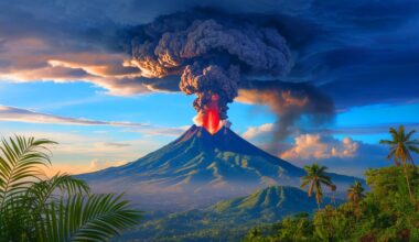 Illustration of Mount Lewotobi Laki-laki erupting, with ash clouds rising over 6 miles high, created by artificial intelligence.