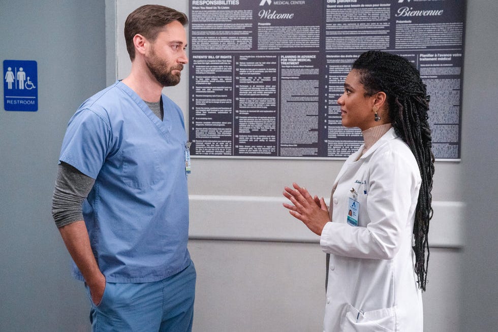 ryan eggold as dr max goodwin and freema agyeman as dr helen sharpe in new amsterdam season 3