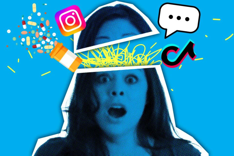 An image collage containing 1 images, Image 1 shows Illustration of a woman's head splitting open, revealing a chaotic jumble of lines and spilling pills, social media logos, and a speech bubble