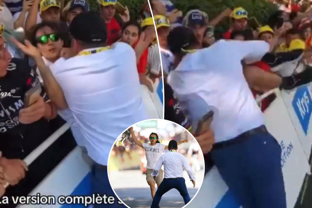 Security guard takes out protester at Tour de France in wild scene