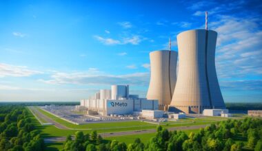 Illustration of Meta's partnership with Constellation Energy to harness nuclear power for AI and digital operations, generated by artificial intelligence.