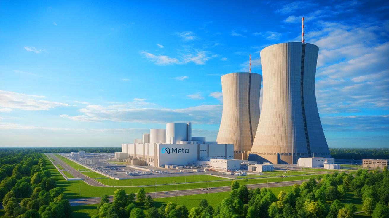 Illustration of Meta's partnership with Constellation Energy to harness nuclear power for AI and digital operations, generated by artificial intelligence.