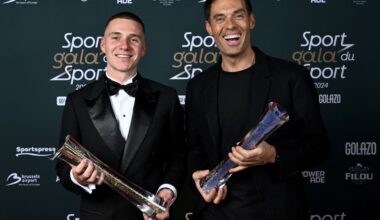 Belgian cyclist Remco Evenepoel (L) and Belgian cycling coach and former professional cyclo-cross racing cyclist Sven Vanthourenhout hold their awards during the 'Gala du Sport 2024', to announce the sportswomen and sportsmen of the Year 2024, at the Skyhall de Brussels Airport, in Zaventem on January 12, 2025. (Photo by DIRK WAEM / Belga / AFP) / Belgium OUT