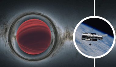 An illustration of a red orb with a black circle around it, warping space. An inset shows the Hubble Space Telescope.