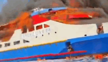 Packed ship with nearly 300 on board bursts into flames as panicked passengers jump into sea to escape blazing inferno