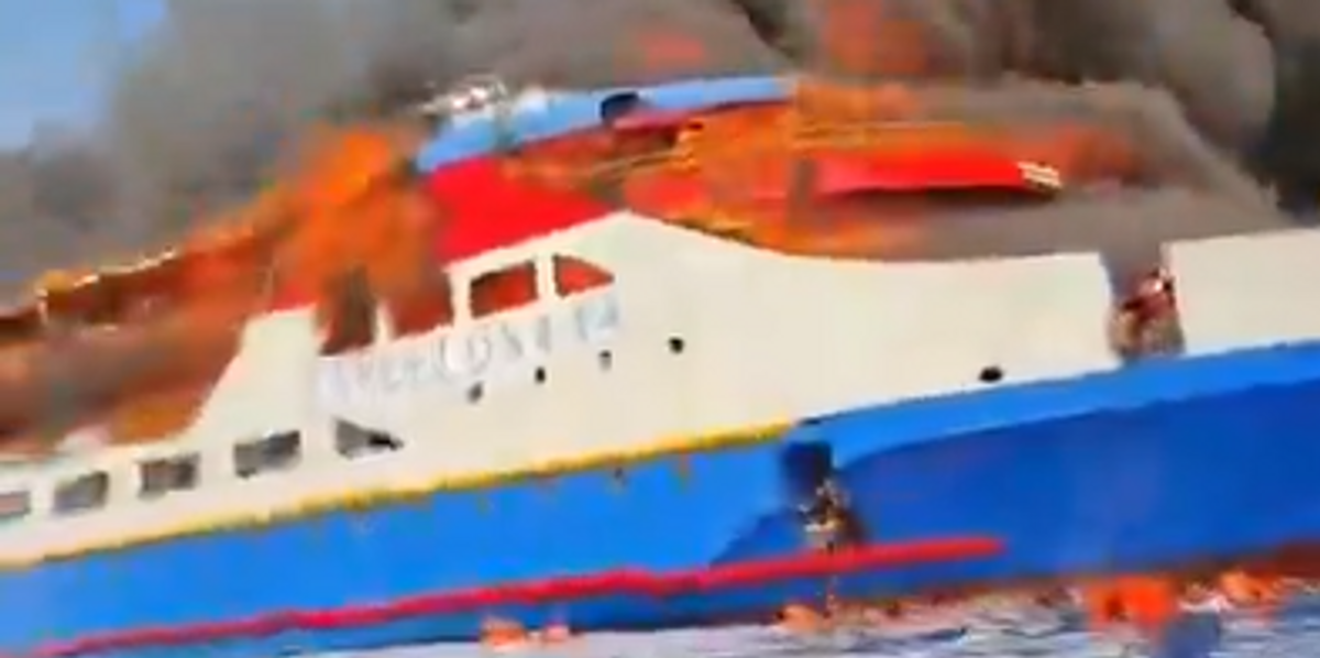Packed ship with nearly 300 on board bursts into flames as panicked passengers jump into sea to escape blazing inferno