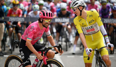Ben Healy with Tadej Pogacar before stage 17 of the Tour de France