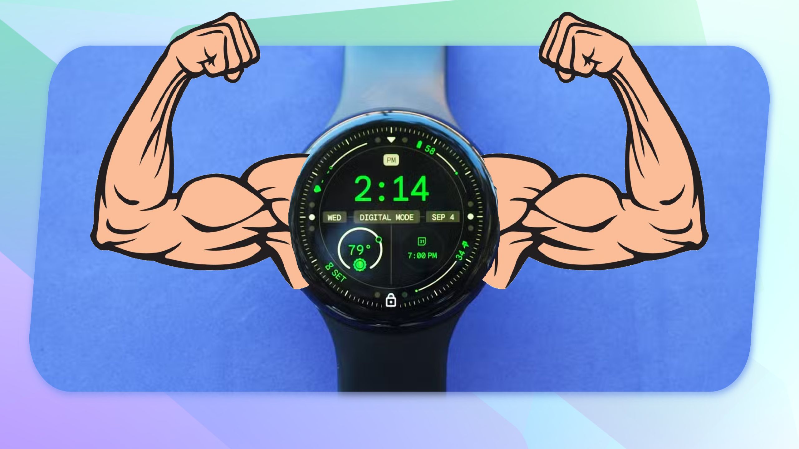 An image of the Pixel Watch 3 with overlaid biceps.