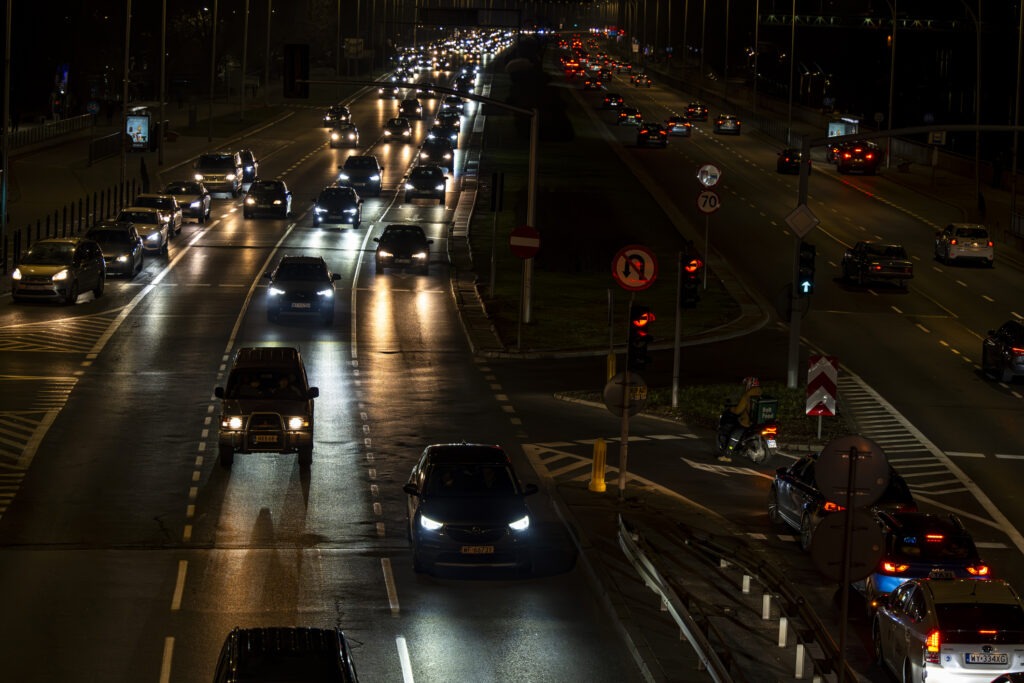 Evening traffic jam on Wybrzeze Gdanskie Street, Warsaw, Poland.