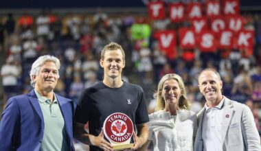 Vasek Pospisil celebrates his retirement after his match against Facundo Bagnis on Sunday evening in Toronto.
