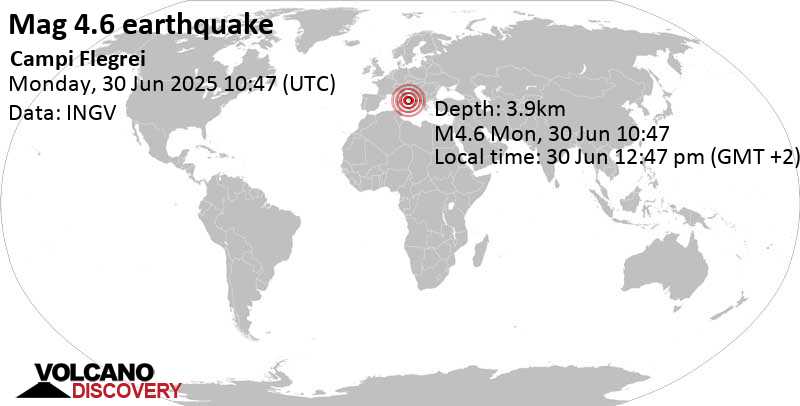 4.6 quake 15 km west of Naples, Napoli, Campania, Italy, Jun 30, 2025 12:47 pm (Rome time)