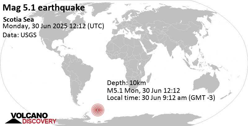 5.1 quake South Atlantic Ocean, 331 km east of Valette, isla Island, Antarctica, Jun 30, 2025 09:12 am (GMT -3)